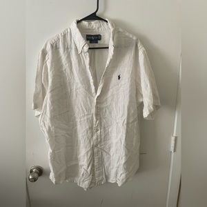 White linen Polo button down blue horse. Available for individual purchase.